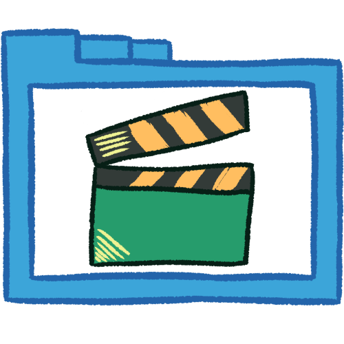 A drawing of a hollow blue folder with thick lines. Inside is a drawing of a green clapboard with orange stripes on the top.