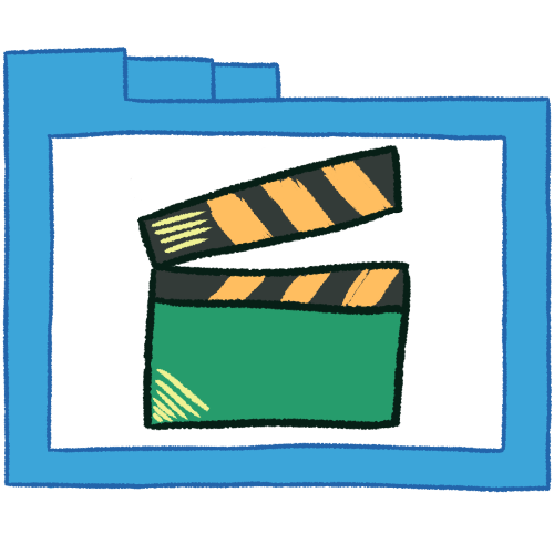 A drawing of a hollow blue folder with thin lines. Inside is a drawing of a green clapboard with orange stripes on the top.