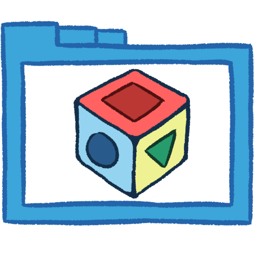  A drawing of a hollow blue folder with thick lines. Inside is a drawing of a cube with three visible sides. One side has a pink square, the next has a blue circle, and the third has a green triangle.