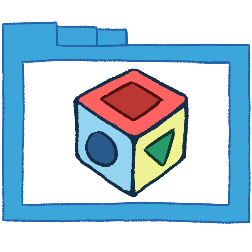  A drawing of a hollow blue folder with thin lines. Inside is a drawing of a cube with three visible sides. One side has a pink square, the next has a blue circle, and the third has a green triangle.