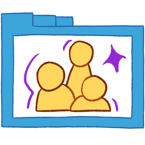 A hollow blue folder with thin lines, containing three busts of emoji yellow people of various heights. There are purple lines around the people and a large purple sparkle.