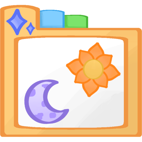 AAC folder icon. The folder looks like a filing cabinet folder that is bright beige with a green and blue marker beside the tap of the folder. On the tap of the folder has two pastel sparkles, one bigger than the other. In the middle of the folder is a big white patch for icons. The icon of the folder has a moon on the lower left. The moon is a crescent with light purple colors with darker purple spots around the moon. On the upper right is a sun with a yellow circle base with orange triangles around it to resemble sun rays. 