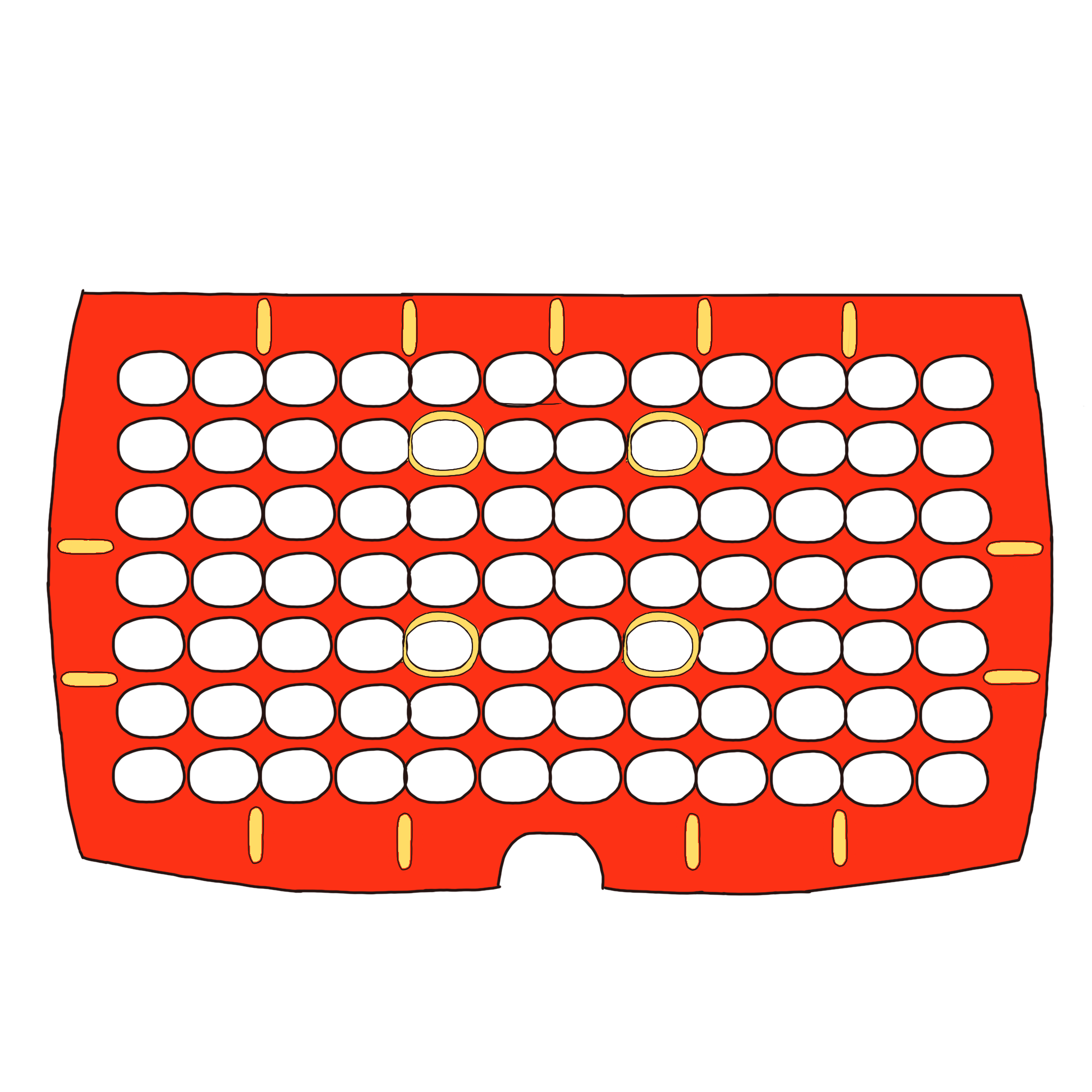 a red tactile keyguide with yellow tactile markers along the side and bottom edges and around four buttons near the middle.