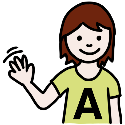 A drawing of the figure from the ARASAAC logo. they are a slim, pale-skinned person with brown hair in a bob, smilign slightly and waving. they wear a green shirt with a big letter 'A' on it.