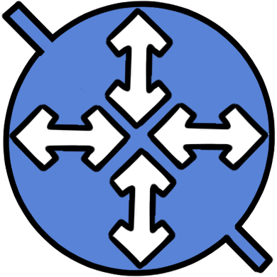 The logo of Blissymbolics, a symbol set. It is a blue circle with a line through it. Inside the circle are four double-sided arrows.