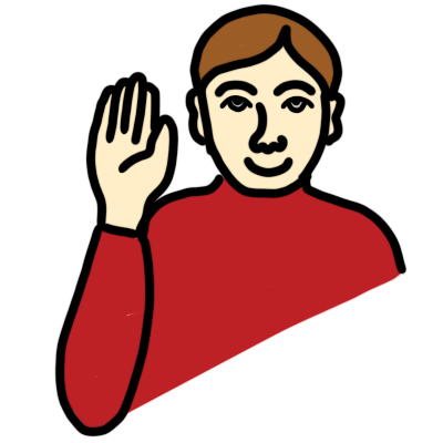 A Mulberry-symbolset style person waving with a red shirt, pale skin, and short light brown hair