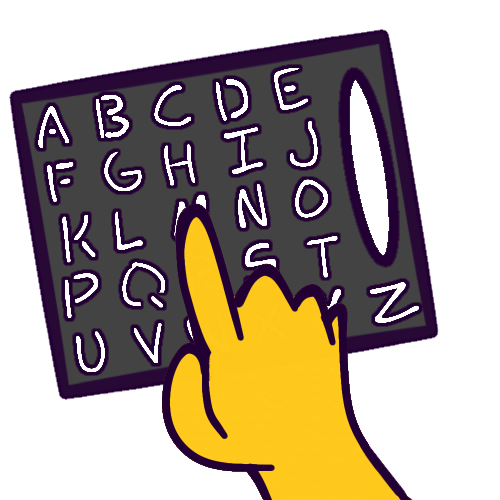 A drawing of a yellow hand pointing with their index finger at the letter “M” on a letterboard. The letterboard is a slab of dark grey material with cutouts forming each letter of the English alphabet. There is a hole to use as a handle on the right side of the letterboard.