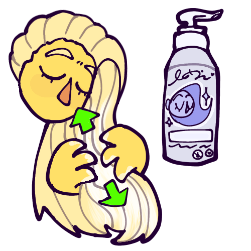  A cartoony drawing of a yellow person’s floating head and hands working conditioner into their long, straight, blonde hair. Green arrows show the motion of their hands going up and down. Next to them is a bottle of conditioner with a pump-style lid. 