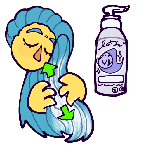  A cartoony drawing of a yellow person’s floating head and hands working conditioner into their long, straight, blue hair. Green arrows show the motion of their hands going up and down. Next to them is a bottle of conditioner with a pump-style lid. 