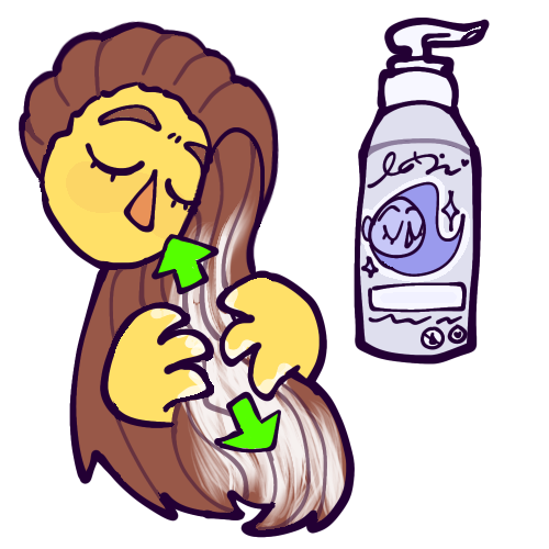  A cartoony drawing of a yellow person’s floating head and hands working conditioner into their long, straight, brown hair. Green arrows show the motion of their hands going up and down. Next to them is a bottle of conditioner with a pump-style lid. 