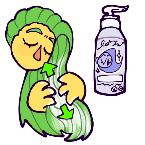  A cartoony drawing of a yellow person’s floating head and hands working conditioner into their long, straight, green hair. Green arrows show the motion of their hands going up and down. Next to them is a bottle of conditioner with a pump-style lid. 