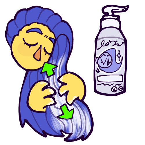  A cartoony drawing of a yellow person’s floating head and hands working conditioner into their long, straight, indigo hair. Green arrows show the motion of their hands going up and down. Next to them is a bottle of conditioner with a pump-style lid. 