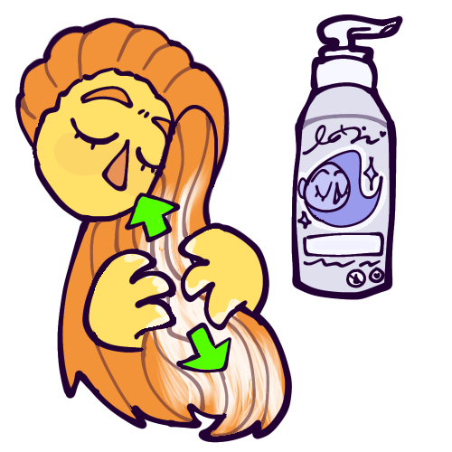  A cartoony drawing of a yellow person’s floating head and hands working conditioner into their long, straight, orange hair. Green arrows show the motion of their hands going up and down. Next to them is a bottle of conditioner with a pump-style lid. 