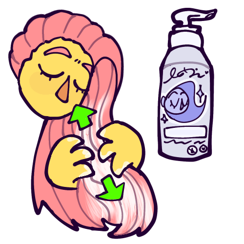  A cartoony drawing of a yellow person’s floating head and hands working conditioner into their long, straight, pink hair. Green arrows show the motion of their hands going up and down. Next to them is a bottle of conditioner with a pump-style lid. 