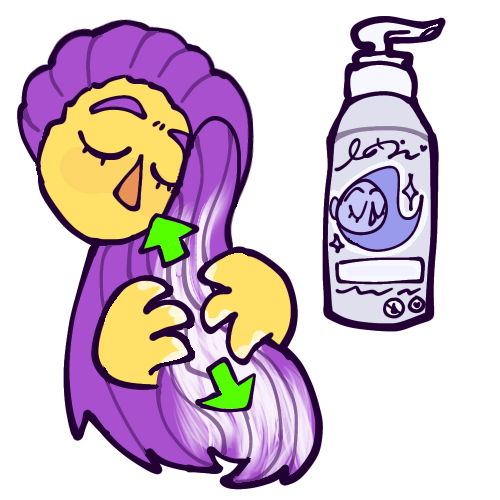  A cartoony drawing of a yellow person’s floating head and hands working conditioner into their long, straight, purple hair. Green arrows show the motion of their hands going up and down. Next to them is a bottle of conditioner with a pump-style lid. 