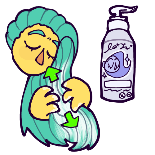  A cartoony drawing of a yellow person’s floating head and hands working conditioner into their long, straight, teal hair. Green arrows show the motion of their hands going up and down. Next to them is a bottle of conditioner with a pump-style lid. 