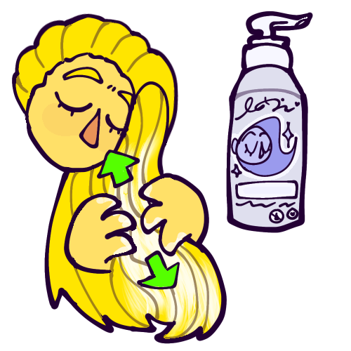  A cartoony drawing of a yellow person’s floating head and hands working conditioner into their long, straight, yellow hair. Green arrows show the motion of their hands going up and down. Next to them is a bottle of conditioner with a pump-style lid. 