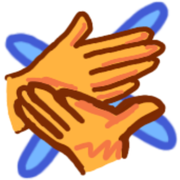blue X behind a drawing of 2 hands, one on top of the other. hands are positioned perpendicular and the hand on the bottom is palm up, the hand on top is palm facing right.