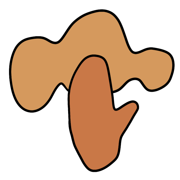 orange hand shape touching the bottom edge of a lighter orange three lobed lump.