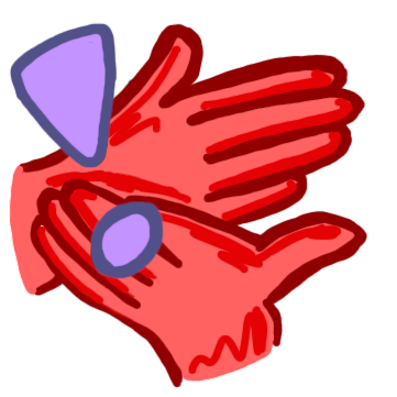 Red hands doing ASL sign for stop with purple exclamation point on it.