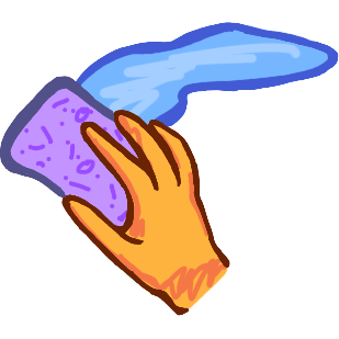 a yellow hand holds a purple sponge, a streak of blue is left behind it