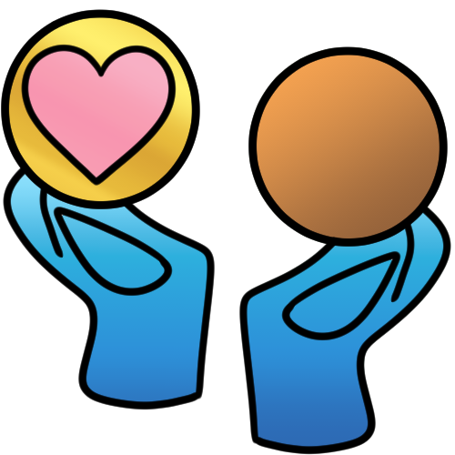 two blue hands, each holding up a circle. on the right is a bronze circle, held lower. on the left, held higher, is a gold circle with a pink heart in it.