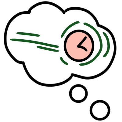 A thought bubble containing a light red clock that has dark green motion lines around it.