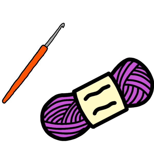 a drawing of a light grey crochet hook with an orange handle and a ball of pinkish purple yarn which has a very light yellow label