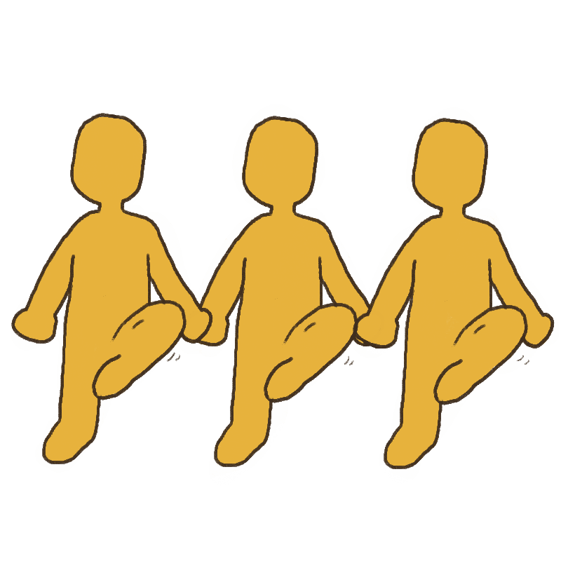 three yellow people dancing dabke, a form of line dance.