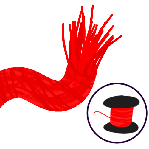 A drawing of an extreme close up of a red piece of thread with the end frayed. In the bottom right corner of the picture is a drawing of a spool of red thread inside a circle.