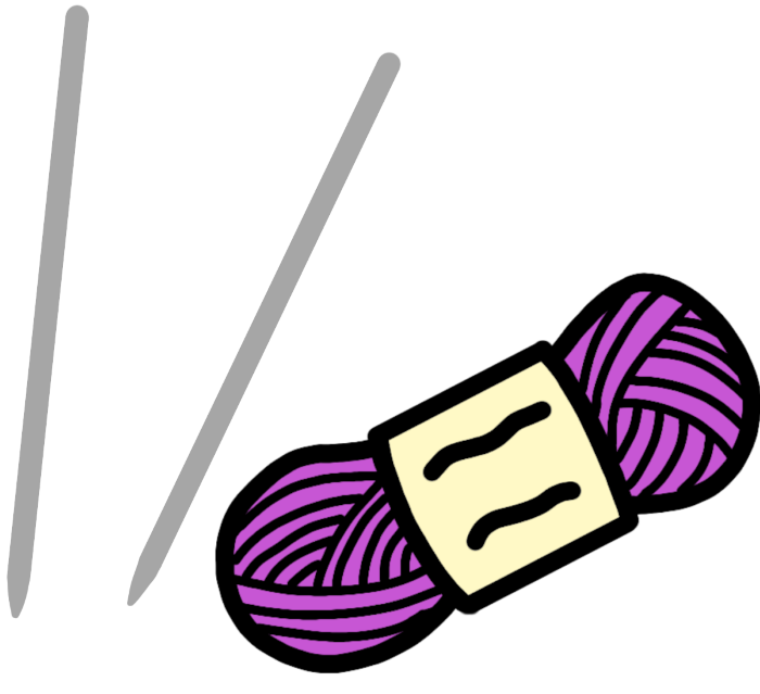 a drawing of two light grey knitting needles and a ball of pinkish purple yarn which has a very light yellow label.
