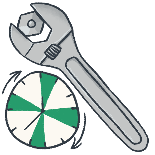 a drawing of a silver wrench holding a bolt. there is a clock underneath it with four highlighted sections and arrows turning around it. 