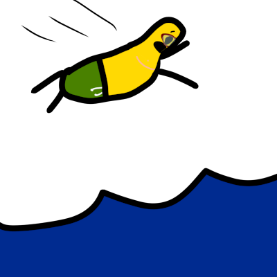 a simple yellow person with pink top surgery scars, red swim goggles, and green swim trunks is diving into the water face- and belly- first.