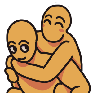 two figures drawn from the waist up. One is carrying the other piggy-back style and looking back at them with a smile, and the other has a happy expression with closed eyes.