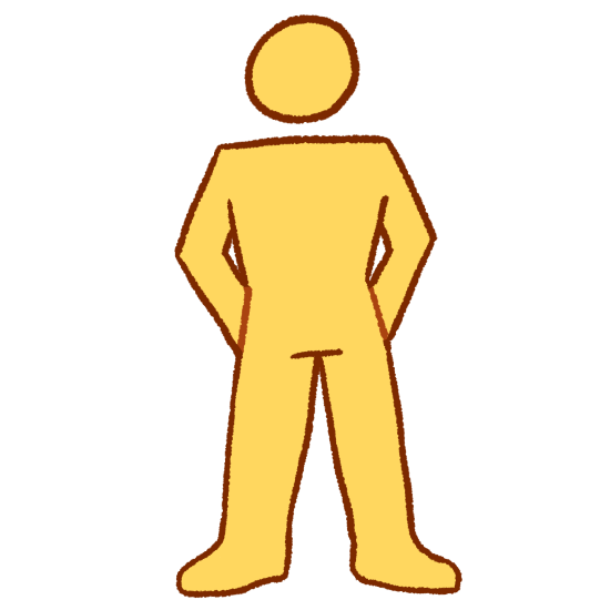 a featureless emoji yellow person standing with their legs shoulder-width apart and their hands on their hips.