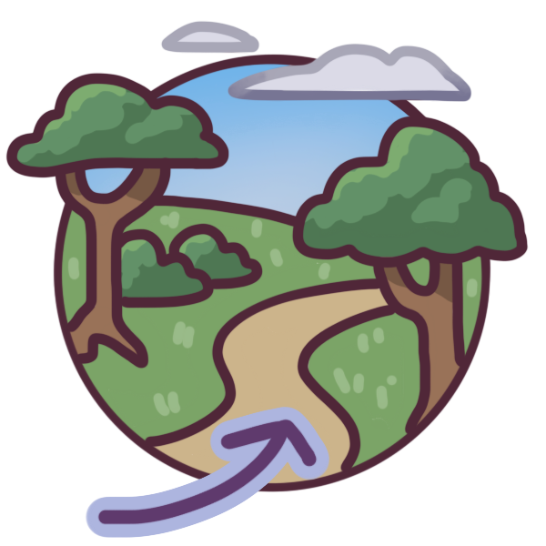 circular symbol depicting a nature path with trees, clouds, bushes, and grass. there is a purple arrow going along the path.