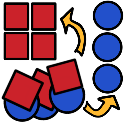 four red squares in a neat grid and three blue circles in a neat column. there's also a few of each jumbled together. arrows go from the jumbled shapes to the neatly organised shapes.