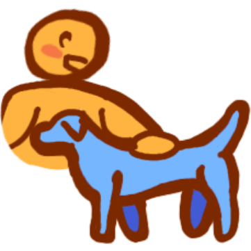 yellow figure petting blue dog
