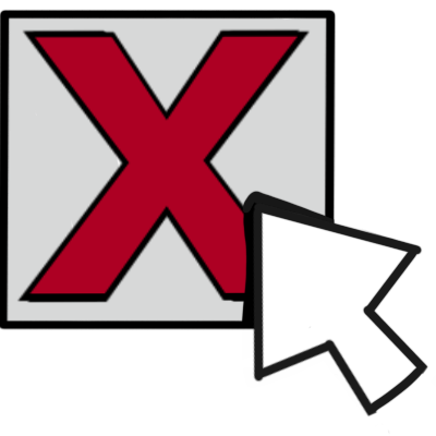 a white mouse cursor, over a big red 'x' in a semi-transparent grey square.