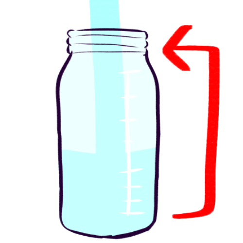 A drawing of a transparent reusable water bottle with threads at the top for a screw-on lid being refilled. A red arrow goes from the bottom of the bottle to the top.