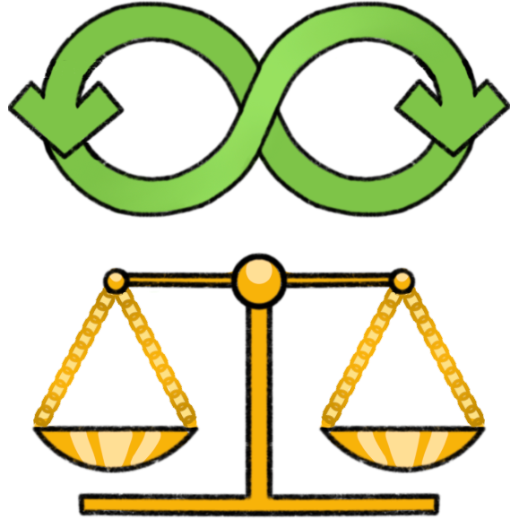 a green infinity sign with arrows following along the path of it, above a golden scale.