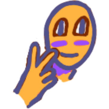  face with big eyes, and hand 2 fingers up, palm facing in, one finger tip touching cheek, the figure is yellow with purple accents and a bluish purple outline