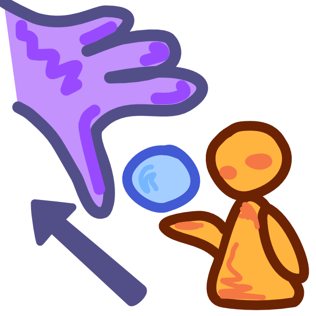 an image with dark line art shows a yellow figure with a blue ball hovering over one arm. A giant purple hand comes from the sky to grab the ball. An arrow off to the side points from the yellow figure to the purple hand. 