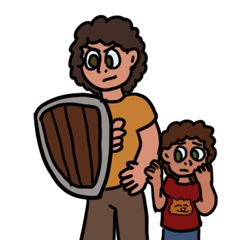 an older person with an orange shirt holds up a shield, standing in front of a younger person with a red shirt, who looks nervous.
