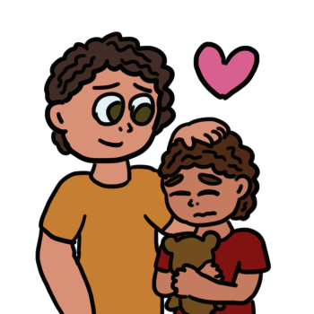 a young person with a red shirt holds a brown teddy bear close, eyes closed and expression upset. an older person with an orange shirt pats the younger persons head with a soft, comforting expression.