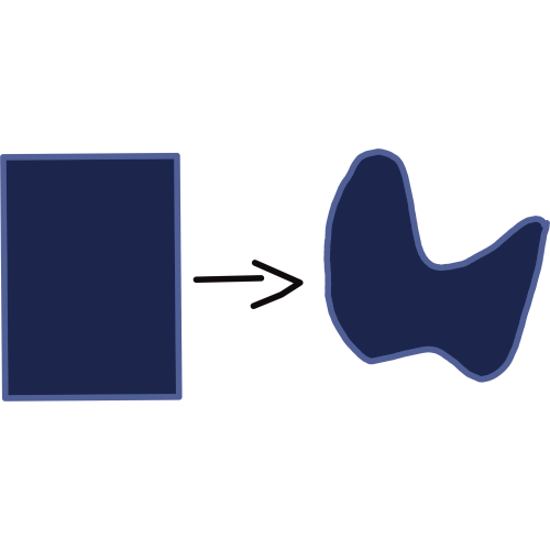 A drawing of two blue shapes with an arrow between them. The arrow points from a rectangle on the left towards a blob like shape on the right.