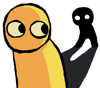 A yellow figure looks nervously over its shoulder at a shadowy figure with glowing white eyes looming behind it.