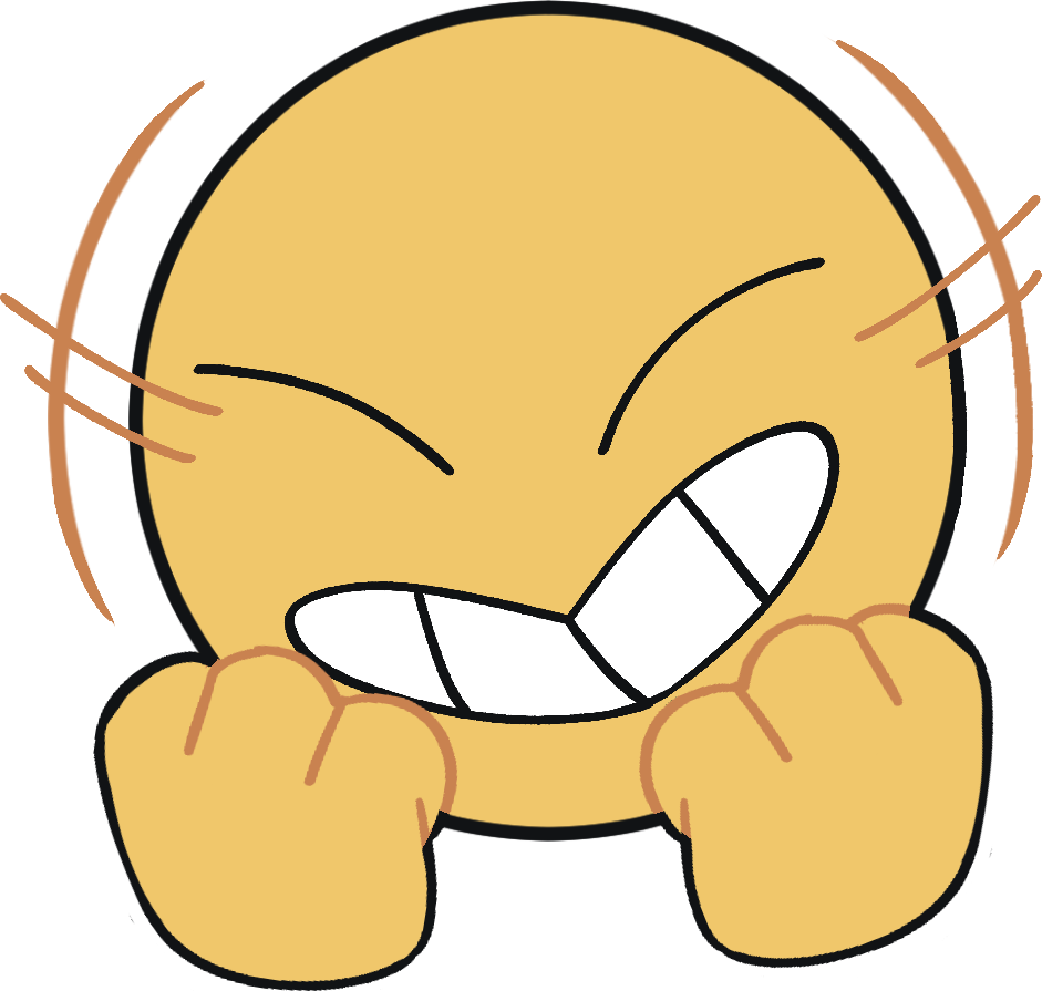a shaking yellow head with big happy smileand motion lines, eyes shut and fisted hands up to mouth.