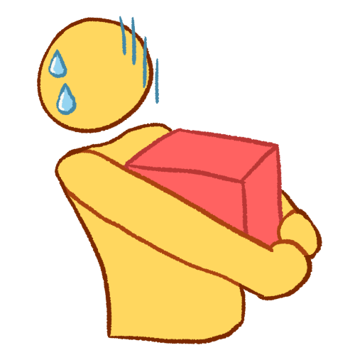 A drawing of a person struggling to carry a pink cube.