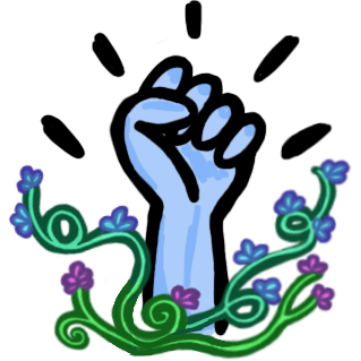 a blue fist shooting up from a cluster of vines, 5 black lines radiate from  the top of the fist